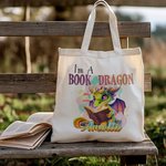 Personalizzato I Am A Book Dragon Cartoon Canvas Tote Bag con nome colorato Regalo di compleanno per lettori amanti dei draghi