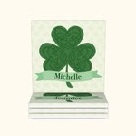 Juego de 2 posavasos personalizados con nudo celta y nombre Trébol de cuatro hojas Regalo del Día de San Patricio para la familia