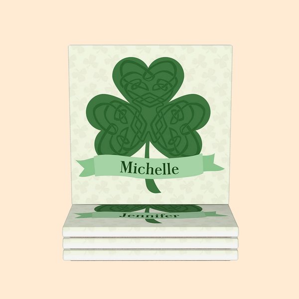 Juego de 2 posavasos personalizados con nudo celta y nombre Trébol de cuatro hojas Regalo del Día de San Patricio para la familia