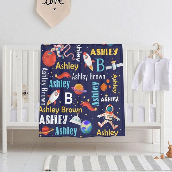 Personalised Space Theme Astronaut Rocket Fleece Soft Blanket with Name Birthday Gift for Kid