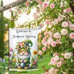 Bandiera da giardino personalizzata di benvenuto alla primavera con nome di piccolo gnomo Decorazione per il cortile del portico Regalo di benvenuto p