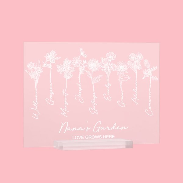Plaque Acrylique Personnalisée avec 1-15 Noms et Fleurs de Naissance Thème Love Grows Here Cadeau Anniversaire Fête pour Maman Grand-Mère
