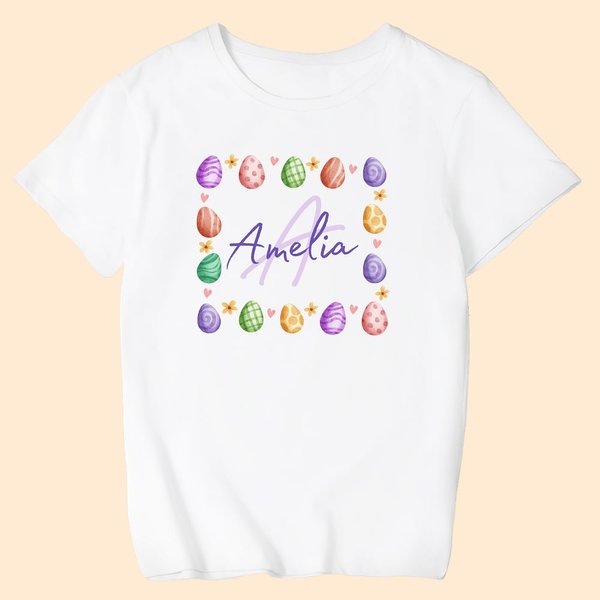 T-shirt à Motif Œufs de Pâques Personnalisé avec Nom Cadeau de Pâques pour Enfant