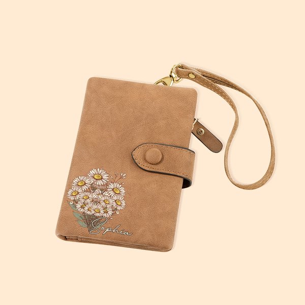 Portefeuille Triple en Cuir avec Bracelet Grande Capacité Accessoire Personnalisé Nom Fleur de Naissance Cadeau d'Anniversaire pour Femme