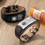 Bracelet d'Alerte Urgente Médicale Bracelet en Cuir Réglable Personnalisé avec Texte Gravé Cadeau pour Homme Femme