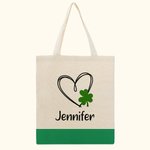 Personlig Lucky Heart Shamrock Canvas Tote Bag med namn St. Patrick's Day Födelsedagspresent för flickor Kvinnor