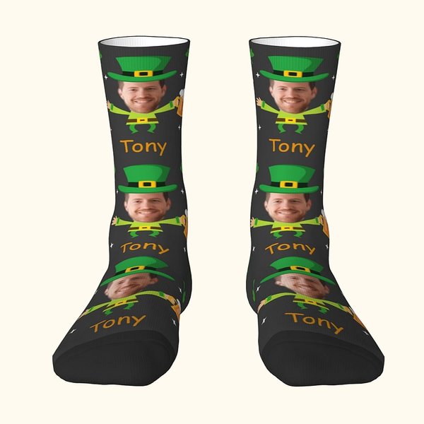 Calcetines de trébol de cuatro hojas personalizados con nombre e imagen Regalo del Día de San Patricio para un amigo irlandés de la familia