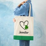 Personlig Lucky Heart Shamrock Canvas Tote Bag med namn St. Patrick's Day Födelsedagspresent för flickor Kvinnor
