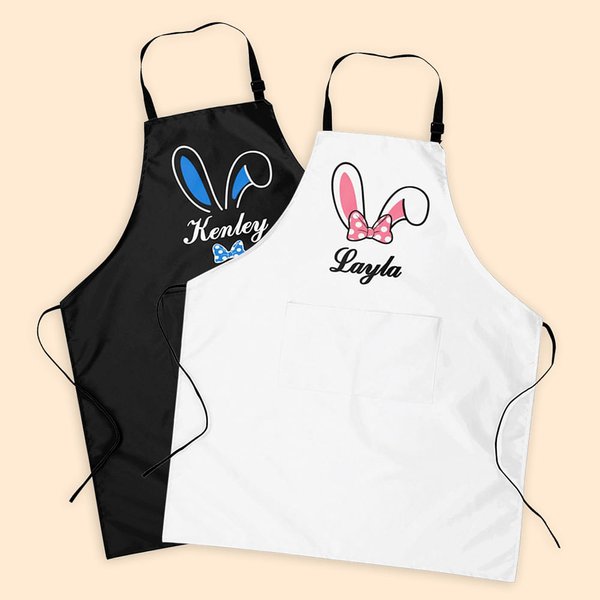 Delantal impermeable personalizado con orejas de conejo con bolsillo y nombre Regalo de Pascua para pareja Familia