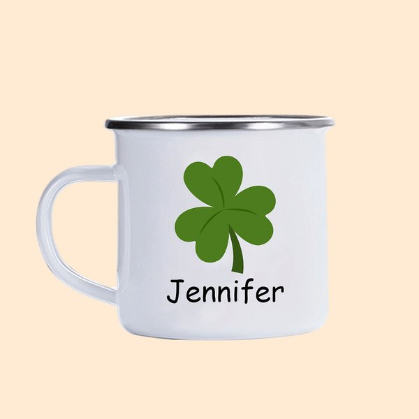 Taza de camping esmaltada personalizada con nombre Lucky Lucky Shamrocks 11oz St Patrick's Day Gift for Kids