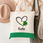 Personlig Lucky Heart Shamrock Canvas Tote Bag med namn St. Patrick's Day Födelsedagspresent för flickor Kvinnor