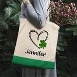Personlig Lucky Heart Shamrock Canvas Tote Bag med namn St. Patrick's Day Födelsedagspresent för flickor Kvinnor