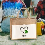 Personalisierte Lucky Shamrock Herz Jute Canvas Tragetasche mit Namen St. Patricks Day Brautparty Geschenk für Mädchen Frauen