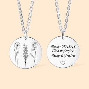 Collier Personnalisé avec Nom et 1-4 Fleurs de Naissance Gravés Cadeau Saint-Valentin Anniversaire Fête des Mères pour Elle