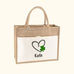 Personalisierte Lucky Shamrock Herz Jute Canvas Tragetasche mit Namen St. Patricks Day Brautparty Geschenk für Mädchen Frauen