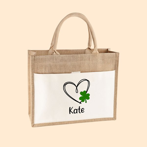 Personalisierte Lucky Shamrock Herz Jute Canvas Tragetasche mit Namen St. Patricks Day Brautparty Geschenk für Mädchen Frauen