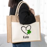 Personalisierte Lucky Shamrock Herz Jute Canvas Tragetasche mit Namen St. Patricks Day Brautparty Geschenk für Mädchen Frauen