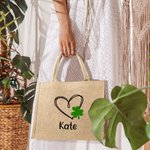 Personalisierte Lucky Shamrock Herz Jute Canvas Tragetasche mit Namen St. Patricks Day Brautparty Geschenk für Mädchen Frauen
