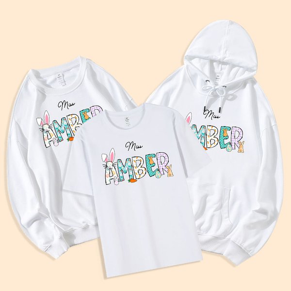 T-shirt Sweatshirt à capuche avec motif lapin personnalisé avec nom mignon Cadeau de Pâques pour enseignant