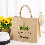 Trébol personalizado Fantasía Unicornio Yute Bolsa de lona con nombre St. Patrick's Day Regalo de cumpleaños para niño Niña
