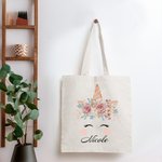 Personalized Cute Unicorn Bouquet Canvas Tote Bag with Name Easter Birthday Gift for Girl