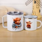 Taza esmaltada de 10oz y vaso de 14oz personalizados con el nombre del bebé Vaca de las Tierras Altas Regalo de inauguración de la casa para niños Ama