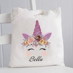 Personalized Cute Unicorn Bouquet Canvas Tote Bag with Name Easter Birthday Gift for Girl