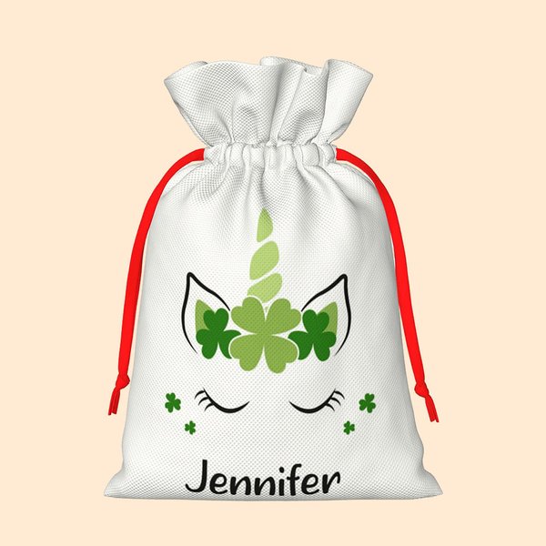 Borsa regalo personalizzata con cordoncino Unicorno Shamrock con nome Bomboniere irlandesi per matrimonio Regalo per il giorno di San Patrizio per bam