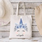 Personalized Cute Unicorn Bouquet Canvas Tote Bag with Name Easter Birthday Gift for Girl