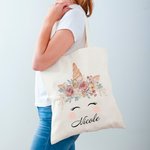 Personalized Cute Unicorn Bouquet Canvas Tote Bag with Name Easter Birthday Gift for Girl