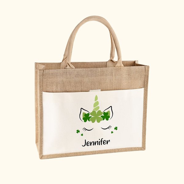 Trébol personalizado Fantasía Unicornio Yute Bolsa de lona con nombre St. Patrick's Day Regalo de cumpleaños para niño Niña