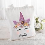 Personalized Cute Unicorn Bouquet Canvas Tote Bag with Name Easter Birthday Gift for Girl