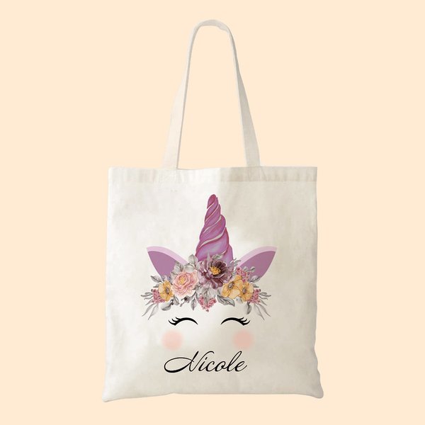 Personalizado lindo unicornio Bouquet Bolsa de lona con nombre Pascua Cumpleaños Regalo para Niña