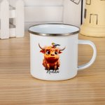 Taza esmaltada de 10oz y vaso de 14oz personalizados con el nombre del bebé Vaca de las Tierras Altas Regalo de inauguración de la casa para niños Ama