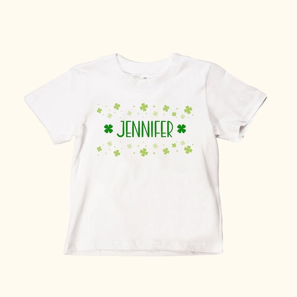 Maglietta personalizzata con nome e cognome per bambini con quadrifoglio fortunato e colorato Regalo di compleanno per San Patrizio per bambini