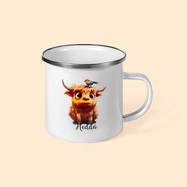 Taza esmaltada de 10oz y vaso de 14oz personalizados con el nombre del bebé Vaca de las Tierras Altas Regalo de inauguración de la casa para niños Ama