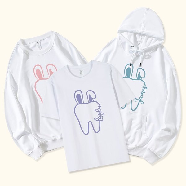 Personalised Bunny Ears Teeth Pattern Sweatshirt Hoodie T-Shirt with Name Easter Gift for Dentist