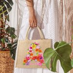 Personifierad blomsterbokstavsdesign Burlap Jute Totepåse med namn Bröllop Födelsedagspresent för kvinnor