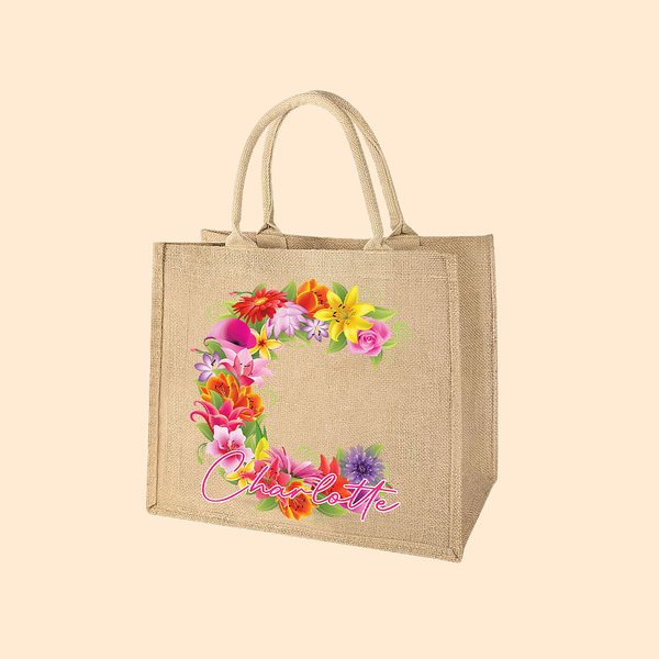 Personifierad blomsterbokstavsdesign Burlap Jute Totepåse med namn Bröllop Födelsedagspresent för kvinnor