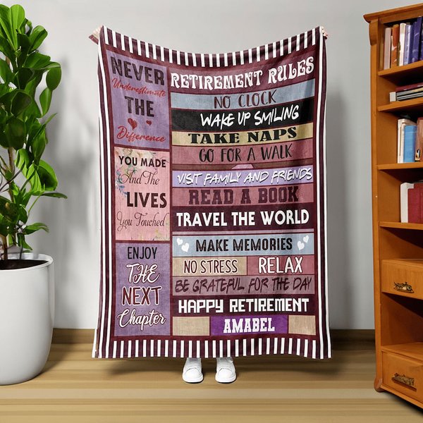 Reglas de jubilación personalizadas Suave manta de forro polar con nombre Divertido regalo de despedida de jubilación para mujeres Hombres