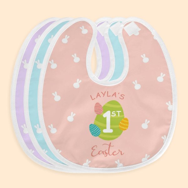 Bavoir Réglable Personnalisé avec Nom Motif Oeuf et Lapin Accessoire d'Alimentation Imperméable Cadeau de Noël pour Nouveau-né