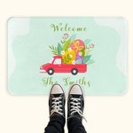 Camion rouge personnalisé avec œufs de Pâques Nom de famille Tapis de porte imperméable antidérapant Cadeau de Pâques pour la famille
