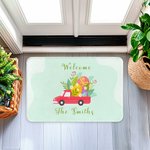 Camion rouge personnalisé avec œufs de Pâques Nom de famille Tapis de porte imperméable antidérapant Cadeau de Pâques pour la famille