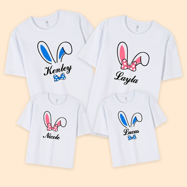 Gepersonaliseerd schattig konijn met konijnenoren Katoenen T-shirt Familiekostuum met naam Paascadeau voor ouder kind