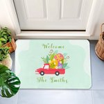 Camion rouge personnalisé avec œufs de Pâques Nom de famille Tapis de porte imperméable antidérapant Cadeau de Pâques pour la famille