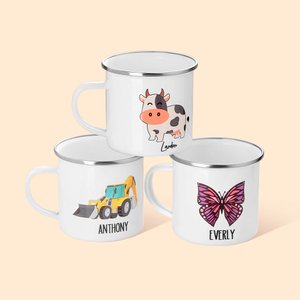 Personalised Cute Cartoon Pattern Enamel Mug with Name Birthday Party Gift for Kids