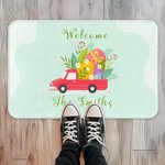 Camion rouge personnalisé avec œufs de Pâques Nom de famille Tapis de porte imperméable antidérapant Cadeau de Pâques pour la famille