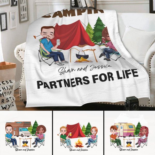 Couverture douce personnalisée pour mari et femme, partenaires de camping pour la vie, décoration de la maison, cadeau d'anniversaire pour les amoureu