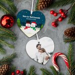 Ornement Céramique en Forme de Cœur Thème Noël Décoraction Personnalisée avec 2 Bonhommes de Neige Textes Photo Cadeau Noël pour Couple