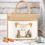 Personalized Cute Easter Garden Bunny Jute Tote Bag with Name Easter Eggs Hunting Gift for Kids